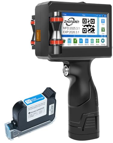 ZHONGMIN Handheld Inkjet Printer with 42ml Quick-Drying Ink Cartridge, Portable Ink Jet Coding Machine for Text/Date/Batch Number/QR Code/Barcode/Logo, Print Height from 0.08 to 0.5 Inch (ZM-C800)