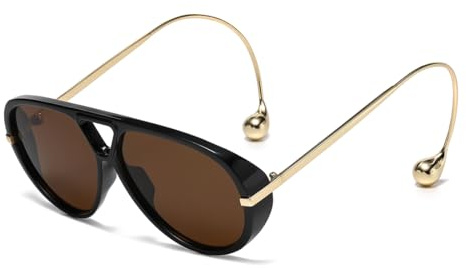 Long Keeper Lunettes De Soleil Femmes Hommes Retro Lunettes De Soleil Grande Pilote Double Pont Avec Boucle D'Oreille Vintage Grande Cadre Lunettes UV400 (Noir Marron)