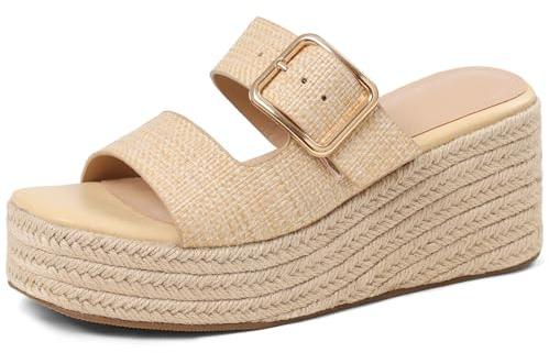 Tarkwa Platform Wedges Sandals for Women Summer Slip on Espadrille Flatform Slides Open Toe Adjustable Buckle Bohemia Beach Raffia Beach Sandals Beige Size 9.5