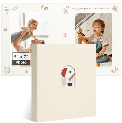 Vienrose Photo Album 5x7 with Writing Space, Fabric Cover Picture Book Holds 20 Pockets for Wedding Baby Family Graduation, Beige