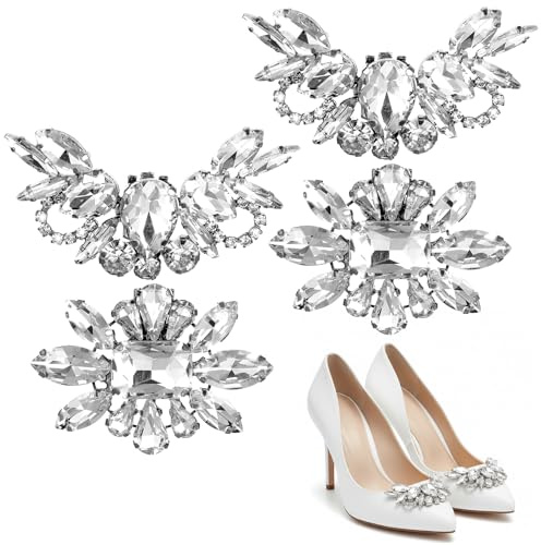 InnoHHustle 4PCS Rhinestone Shoe Clips, Detachable Elegant Crystal Shoe Charms Silver Shoes Clip Crystal Shoes Buckle Bridal Wedding Prom Party High Heels Accessories for Women Girls