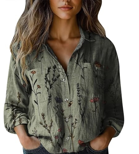 Camicia Donna Manica Lunga Fantasia Casual Elegante Camicetta Scollo a V con Bottoni Estiva Blusa Floreale Estiva Curvy Leggera Comoda Maglia Shirt Tops Camicie Vintage Ufficio Spiaggia Taglie Forti