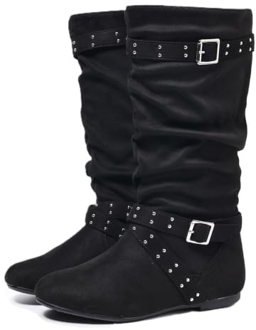 Slouchy rynkade knähöga stövlar för kvinnor platta western cowboy ridstövlar