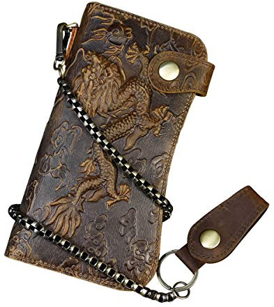 LUUFAN Men's Leather Long Wallet with Zipper Pocket Vintage Chain Wallet