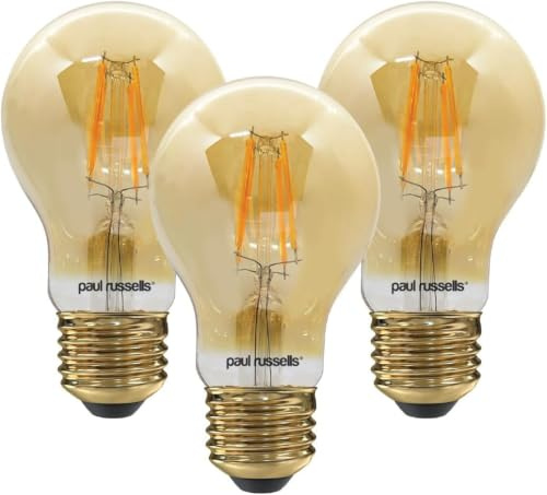 paul russells E27 Edison Screw LED Filament – 7Watt 50W Equivalent 680LM Lumens 2200K ES Standard GLS A60 – Amber Bright Energy Saving Light Non-Dimmable – Extra Warm White Bulbs - Pack of 2