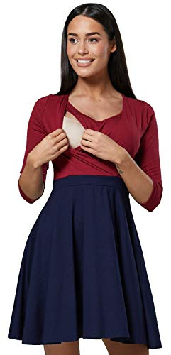 HAPPY MAMA Femme. Robe Patineuse maternité d'allaitement. Manches 3/4. 603p (Cramoisi & Marine, 44, 2XL)
