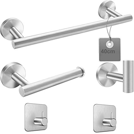 EXLECO 40cm Toallero de baño 5Pcs Juego de Accesorios de Baño Montaje en Pared INOX Toalleros + Soporte para Papel Higiénico + Gancho para Toalla de Baño Montaje con Tornillos - Acabado Cepillado
