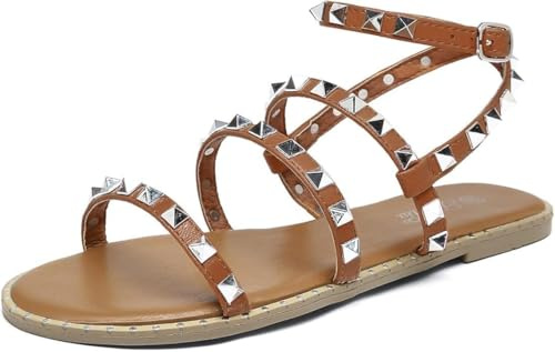 katliu Women's Flat Sandals Strappy Studded Sandals Gladiator Sandals with Ankle Strap Dark Brown 7