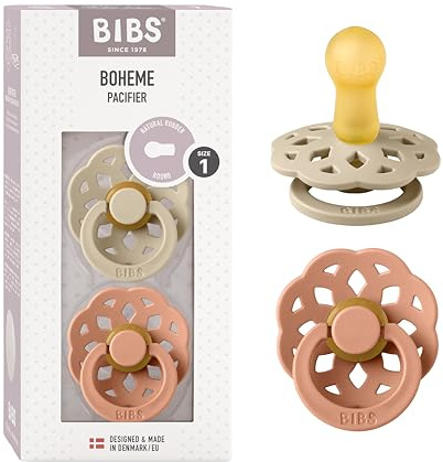 BIBS Boheme Soother 2-Pack. BPA Free. Round Nipple, Natural Rubber Latex, Made in Denmark. Size 1 (0-6 Months), Vanilla/Peach
