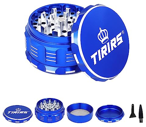 TIRIRS 3 Inches 4 Pieces Premium Herb Grinder - Aluminium Large Spice Grinder with Pollen Catcher, Comes with Pollen Scraper and Cleaning Brush, Blue