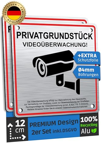 SCHILDERBOXX® 2er Set Schild Videoüberwachung Privatgrundstück [12x12cm, 100% Alu, extra-starkes Klebeband] - Aufkleber Video Überwachung, Grundstück Kameraüberwacht, Achtung Kameraüberwachung