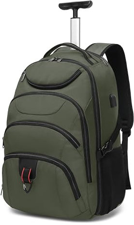 Boavan Rolling Backpack,17 inch Water Resistant Wheeled Backpack,Carry on Luggage Business Bag, Overnight College Computer bag Trolley Suitcase for Men Women Adults to Travel，Green