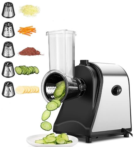 Râpe à fromage électrique, coupe-légumes, râpe électrique avec 5 couteaux à tête de rechange, commande à une touche, machine à salade électrique amovible et lavable, pour fromage, concombres, carottes