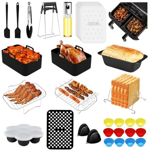 Yuning Accessoires AirFryer, 127 Pièces Accessoires pour Fritteuse à Air, Accessoires de Fritteuse à Faire Chaud Ninja Dual AF500EU, AF400EU, AF300EU & Other 7,6L-9,5L Foodi Airfryer Moule Silicone