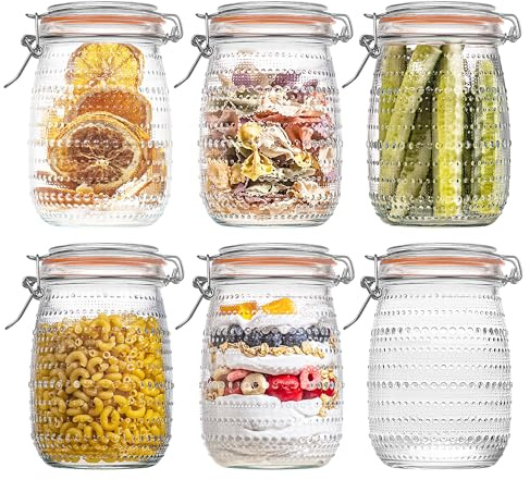 WACOI 32 Oz Glass Mason Jars with Airtight Lids 6 Pack, Wide Mouth Canning Jars with Clip Top Lids for Kitchen Storage Pickling Salad Jams Coffee Beans