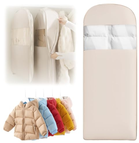 Zinueen Sacchetti sottovuoto per vestiti e copriletti, risparmio di spazio vuoto per giacche e cappotti, sacco appendiabiti con autocompressione, organizer antipolvere (90/110/130 cm, colore avena