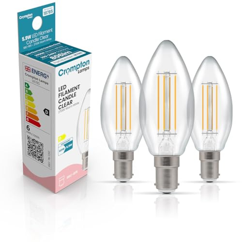 Crompton Lamps Filament Candle LED Light Bulb SBC-B15d | 5.9W = 60W Equivalent | Warm White 2700K | Energy Efficient | Small Bayonet Lightbulb | Long Life 15,000-Hrs | Clear Glass | Dimmable | 3-Pack