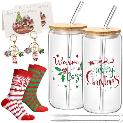 Tazze Natalizie, Tazza Natalizia con Coperchio e Cannuccia, Bicchieri Natalizi Set con Calze Natalizie, Biglietti Natale e Portachiavi, Tazza Natale,Tazze di Natale,Mug Natalizie,Regalo Natale Donna