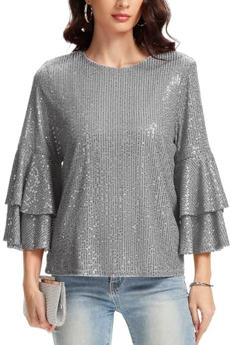 Kyzoeyou Women's Sequin Top Sparkly Long Sleeve Round Neck Blouse Fully Lined Tunic(Grey XL)