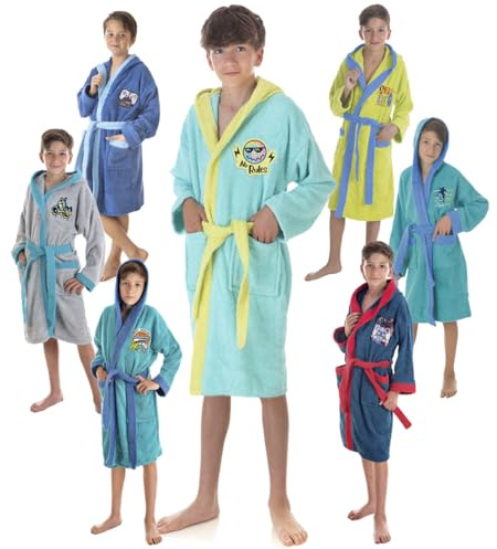 LEBENGOOD - Peignoir Enfant Garçon Fille Adolescent Unisexe - 100% Coton OEKO-TEX® - 2 Poches, Ceinture, Capuche, Peignoir en éponge très douce avec broderies (14 Noboy)