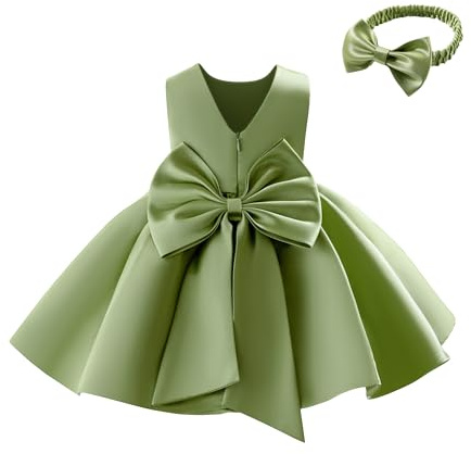 Miipat Klänning för baby flicka satin klänning brudtärna bowknot linje A V-back dop bröllop fest fest nattvard klänningar för barn från 6 månader till 4 år, Färg: grön, 3-4 ans