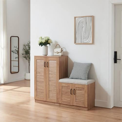 [en.casa] Set di Armadio Scarpiera e Panca Contenitore con Seduta Imbottita Mobile Portascarpe Ante a Persiana e Ripiani Inclinati 97 x 120 x 36 cm MDF Effetto Rovere