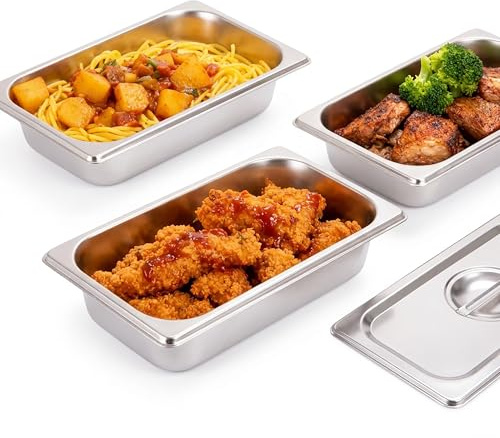 Relaxdays Gastro Containers Set of 3, Stainless Steel, GN 1/3, Gastronorm Container with Lid, HBT 6.5 x 32.5 x 17.6 cm, Kitchen, Silver