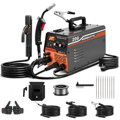 VOBOR Soldador de Hilo Sin Gas 200A, 3 en 1 Máquina de Soldar MIG con ARC/Flux MIG/Lift TIG, Soldador Inverter IGBT de 220V, Pantalla LED, Alambre de 1.0mm