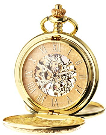 TREEWETO Men's Mechanical Skeleton Pocket Watch, Golden Tone
