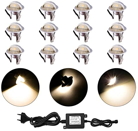 CISLAN Lot de 12 Blanc Chaud Lampe de Spot LED Ø35mm Eclairage encastré Inox pour Terrasse Enterré Plafonnier, IP67 Etanche DC12V Lumière Extérieure pour Chemin Escalier Paysage Etape