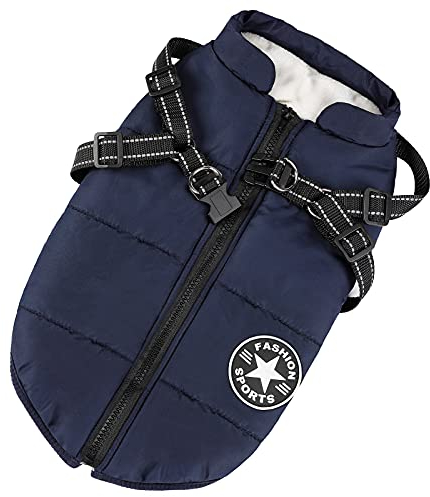 Aiboria Hundejacken für den Winter Winddicht Wasserdicht 2 in 1 Outfit Kaltwettermantel Hundewestengeschirr Welpen Winter Warme Jacke Kleines Blau L