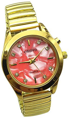 VISIONU Montre Parlante Analogique avec Alarme Annonce de l'heure et Date en Français pour Aveugle et Les Personnes Malvoyant, Couleur Dorée,Bracelet Extensible TAG-1307F
