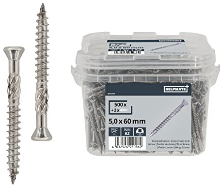 HELPMATE – Vis de terrasse 5 x 60 en acier inoxydable A2 – Lot de 500 vis de plancher + 2 embout T25 – Vis de terrasse pour l'extérieur (construction de terrasses, abris de jardin, constructions en