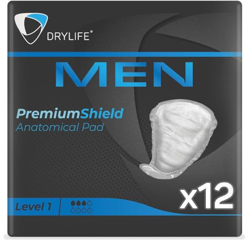Drylife Men Level 1 Premium Shield Inkontinenzeinlagen für Blasenschwäche | Ultra-Schutz, diskretes männliches Design & aktive Geruchskontrolle für Männer (1er Pack x 12 Stück)