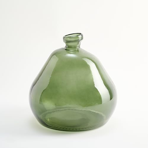 Florero Bajo de Vidrio Reciclado y Diseño Liso Irregular - Jarrón de Cristal Artesanal Estilo Mediterráneo Decoración del Hogar (Verde Oliva)