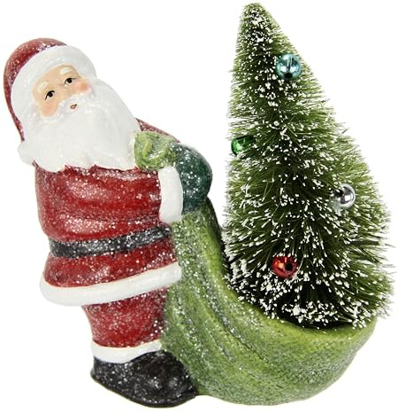 Nikolaus mit Tannenbaum im Sack Santa Claus Figur Dekoration Tischdeko Dekofigur Geschenk Weihnachtsdeko Weihnachtsschmuck Kunstfigur Figuren Deko Statue Skulptur, Rot,15x14x7cm