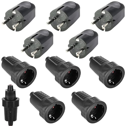 5 Paar Schuko Stecker Kupplung: 250V 16A IP54 Schutzkontakt Stecker, Gummi Schukokupplung Set, 2-polig Aussen Wasserdicht Schwarz Schukostecker und Gummikupplung ohne Kabel