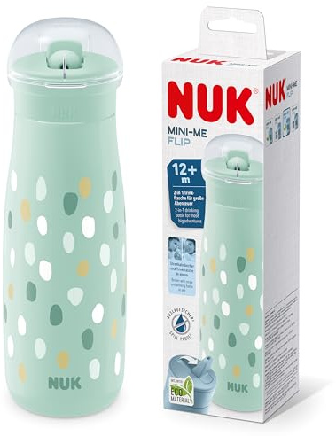 NUK Mini-Me Flip Toddler Cup with Straw | 12+ Months | 450 ml | Kids Water Bottle | Leak-Proof Toughened Spout | Shatter-Proof | Mint Dots