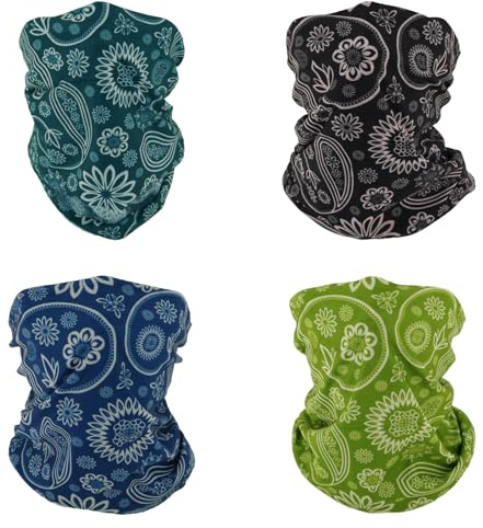SMEHCF 4 Mehrzweck Bandanas für Damen Herren Stirnband Sturmhaube Haar Kopftuch Gesicht Halbmaske Halsmanschetten atmungsaktiv wiederverwendbar waschbar Schwarz Blau Apfelgrün Cashew Blume