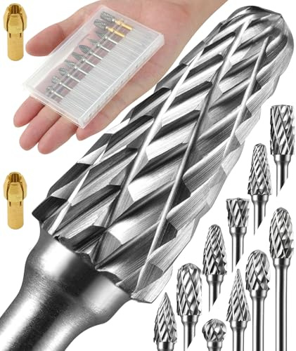 Sworker 10 Pcs Carbide Burr Set 1/8 Shank w/ 2 Collets Compatible with Dremel Bits Rotary Tools Attachment Kit Rasp Drill File Accessories Metal Wood Stone Steel Grinding Carving Cutting Polishing