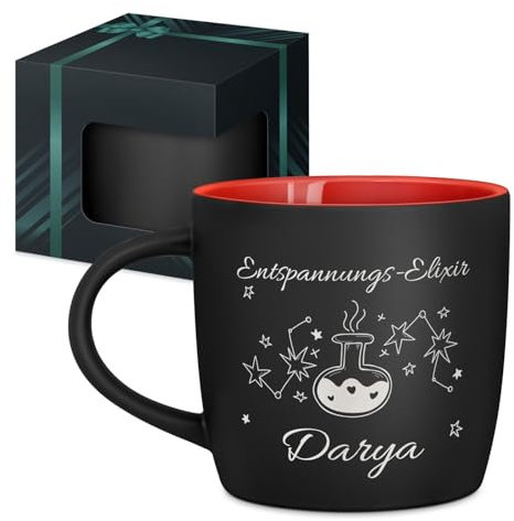 Maverton Keramik Kaffeebecher 400ml mit Gravur - personalisierte Kaffeetasse aus Matt Keramik mit Henkel für Frauen zum Geburtstag zu Weihnachten - Trinkbecher matt schwarz - Innen rot - Elixir