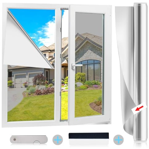 Lámina de espejo para ventana, color plata, protección visual desde el interior, transparente desde el exterior, protección UV, protección solar para ventanas o exteriores, autoadhesiva, protección