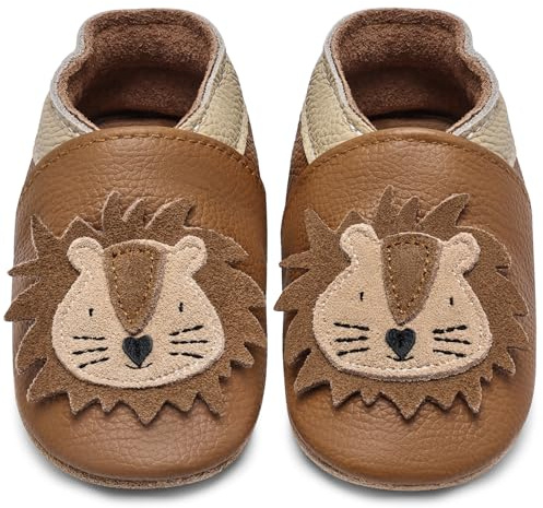 IceUnicorn Krabbelschuhe Baby Lauflernschuhe Jungen Weiche Leder Babyschuhe Kleinkind Lederschuhe mädchen Babyhausschuhe(Gelbbrauner Löwe,12-18)