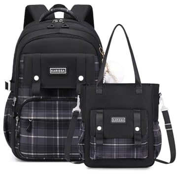 Tanou Ryggsäck skola flicka tonåringar, stor skolryggsäck set med skolaxelväska, rutmönster vardaglig dagryggsäck barn skolväska för flickor, 26 l, svart, 32x16x45cm (Rucksack), 26x10x33cm