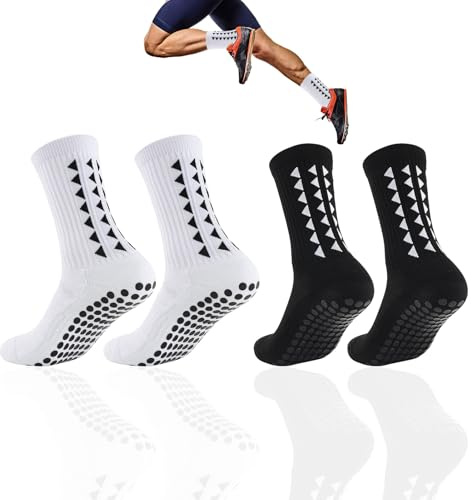 2 Pairs Anti-Slip Grip Socks,Non Slip Football Socks with Rubber Dots,Football Grip Socks Men,for Football/Basketball/Running/Yoga/Etc(Black & White,One Sizes)