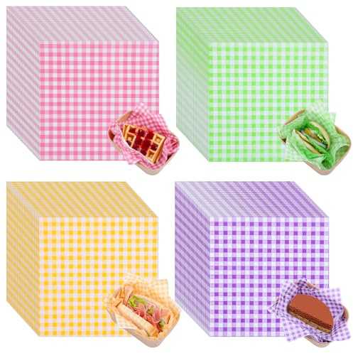 200Pcs Waxed Deli Paper Sheets 7 x 7 Inch Variety Pack Checkered Food Basket Liners, 4 Colors Sandwich Paper Wraps Greaseproof Deli Wrapping Sheets for Picnic Party