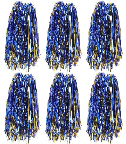 GALPADA Lot de 6 Pompons de Cheerleading Pailletés Poignée Plate en PP Bleu Métallisé et Or Accessoires de Danse et Sport pour Équipes Supporters et Compétitions