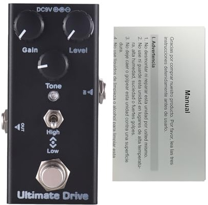 Pedal de Efectos para Guitarra Ultimate Drive, Control de Ganancia/Nivel/Tono, DC 9V, Entrada/Salida 6,35mm - True Bypass, Sonido Distorsionado Rico, Robusto y Versátil