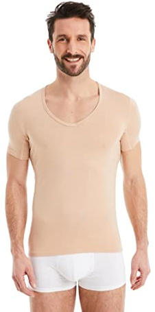 FINN Herren Funktions-Unterhemd mit V-Ausschnitt - Anti-Schweiß Shirt mit Einsätzen gegen Schweißflecken - Kurzarm Unterziehshirt Männer aus original Lenzing® Modal Stoff Hautfarbe Nude XL