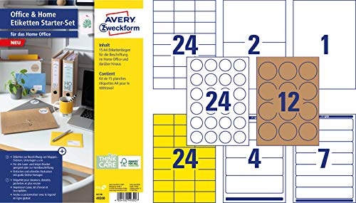 AVERY Zweckform Etiketten (Home Office, 189 Aufkleber auf DIN A4, selbstklebend und bedruckbar, Adressetiketten, Ordnerrückenetiketten, gelbe, runde und braune Klebeetiketten) 49300, 3 Stück